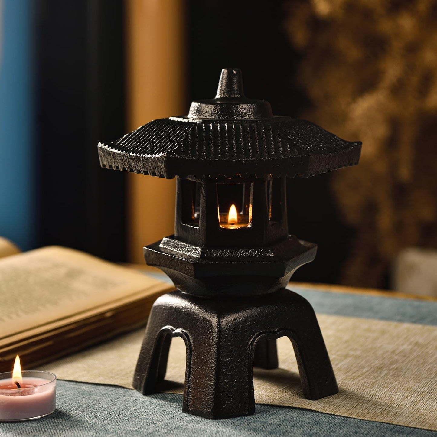 Sungmor Cast Iron Candle Lantern - Japanese Pagoda, Vintage Indoor/Outdoor Zen Garden Decorative Lantern, Heavy Duty Tealight Candle Holder Stand, Rustic Home Decor Patio Yard Art Ornament-VerdiqueGarden