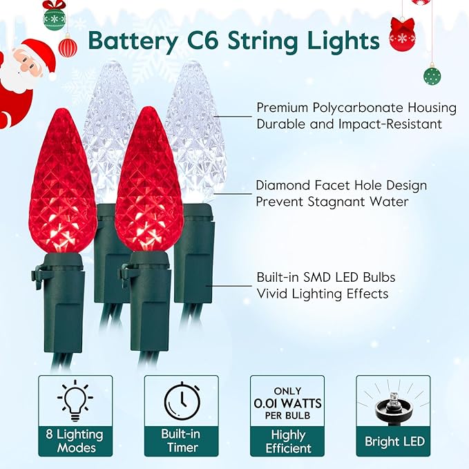 Brightown C6 LED Christmas String Lights - 2 Pack Each 20ft 60LED Battery Operated Strawberry String Lights with Timer and 8 Light Modes for Christmas Trees Wreaths, Indoor Xmas Decor, Red and White-VerdiqueGarden