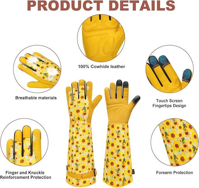 DLY Gardening Gloves for Women, Rose Gloves Gardening Thorn Proof, Long Garden Gloves for Women, Breathable Cowhide Leather Gauntlet (Medium, Yellow-VerdiqueGarden
