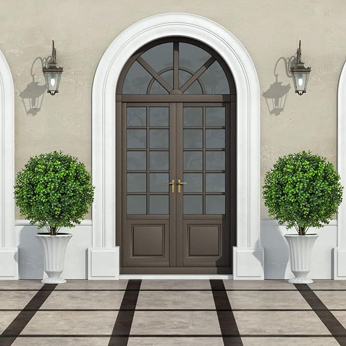 22" Artificial Boxwood Topiary Ball Trees with Ground Spike Set of 2 - UV Resistant Faux Green Shrubs & Bushes Potted Plants for Outdoor Indoor Front Porch Garden-VerdiqueGarden