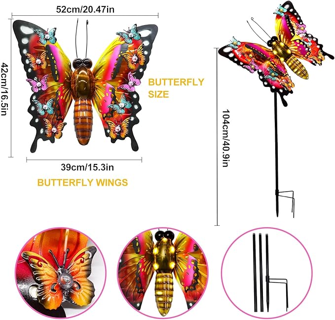 Solar Garden Lights, Outdoor Butterfly Garden Decor Large 41" Metal Decorative Garden Stake Lights, Waterproof Butterfly Decoration for Outside Patio Yard Porch Birthday Gardening Gifts for Mom Women-VerdiqueGarden