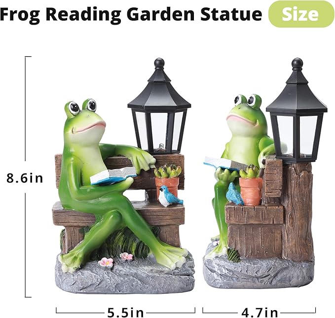 Outdoor Resin Reading Frog Statues, Solar Frog Garden Statues, Garden Frogs Outdoor Decor for Lawn, Balcony, Yard Decoration, Frog Gifts for Mom, Grandma, Wife-VerdiqueGarden