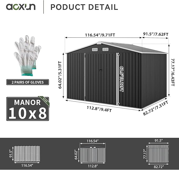Aoxun 9.4x7.3x6.5 FT Outdoor Storage Shed, Garbage Can, Outdoor Metal Shed for Tool, Garden, Bike, Placed in Patio, Garden (Black)-VerdiqueGarden