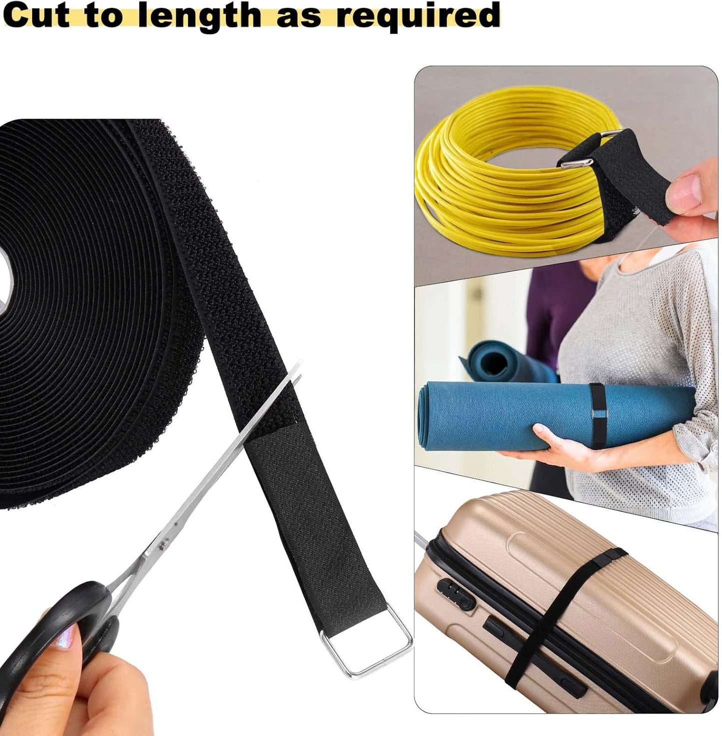 1"x64ft Hook and Loop Straps with 70 Metal Buckles, Adjustable Fastening Cable Straps, Cut-to-Length Cinch Strap, Reusable Nylon Securing Cord Ties for Organizer or Storage, 1 inch Wide, Black-VerdiqueGarden