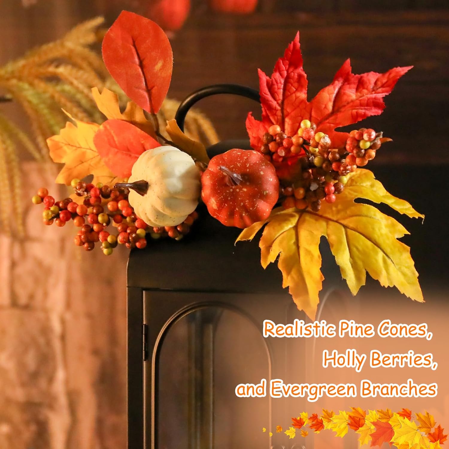 Bdor 2 Pack Fall Lanterns Decor with LED Candle – 16 Inch Harvest Pumpkin Maple Leaf Hanging Lantern for Autumn Thanksgiving Table Centerpiece Indoor Outdoor Decoration, Battery Operated-VerdiqueGarden