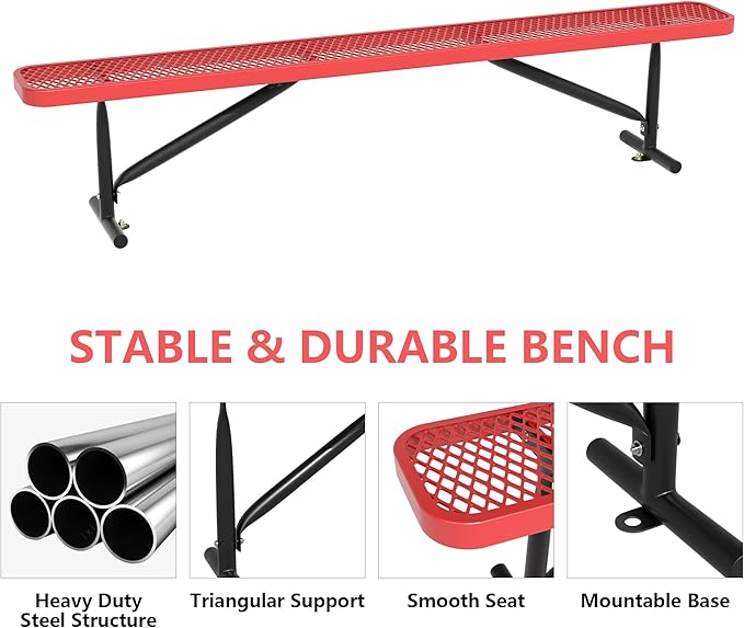 48" L Outdoor Steel Flat Bench, Heavy Duty Metal Park Bench for Outside, Expanded Metal, Commercial Benches Mesh Bench for Shopping Mall, Store, Lawn, Park, Patio, Deck, Garden (Red, 8FT)-VerdiqueGarden