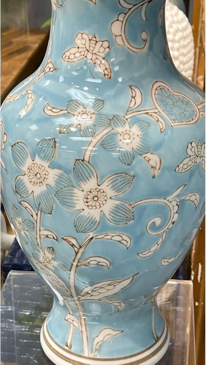 Galt International Light Blue and White Flower & Heart Chinoiserie Ceramic Vase 14"- Hand Painted Antique Style Porcelain Flower Bottle Fishtail Porcelain Chinese Vase for Home Decor Centerpiece-VerdiqueGarden