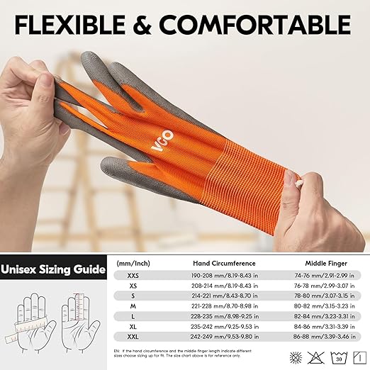 Vgo... 15-Pairs Safety Work Gloves, Gardening Gloves, Polyurethane Coated, Dipping Gloves, Latex Free (Size M,Orange, PU2103)-VerdiqueGarden