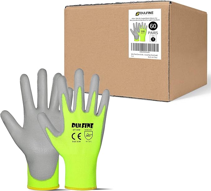 DULFINE Safety Work Gloves for Men PU Coated 60 Pairs Bulk Pack,Hi-Vis Yellow Seamless Knit Glove with thin Polyurethane Coated Smooth Grip on Palm & Fingers,Ideal for General Duty Work (Extra Large)-VerdiqueGarden