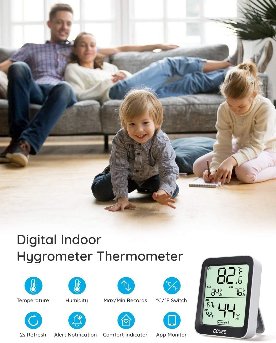 Govee Digital Hygrometer Indoor Thermometer Room H5075, Bluetooth Temperature Humidity Meter with 164ft Remote App Control, Notification Alerts, 2 Years Data Storage Export for Bedroom, Wine Cellar-VerdiqueGarden