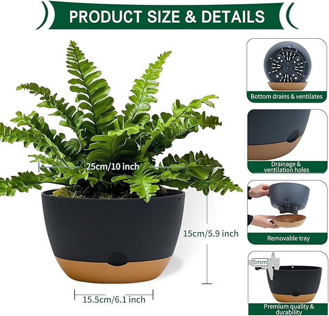 10 Inch Pots for Indoor Plants, Large Self Watering Planters with Drainage and Saucers, Plastic Outdoor Flower Pot, Set of 2, Grey-VerdiqueGarden