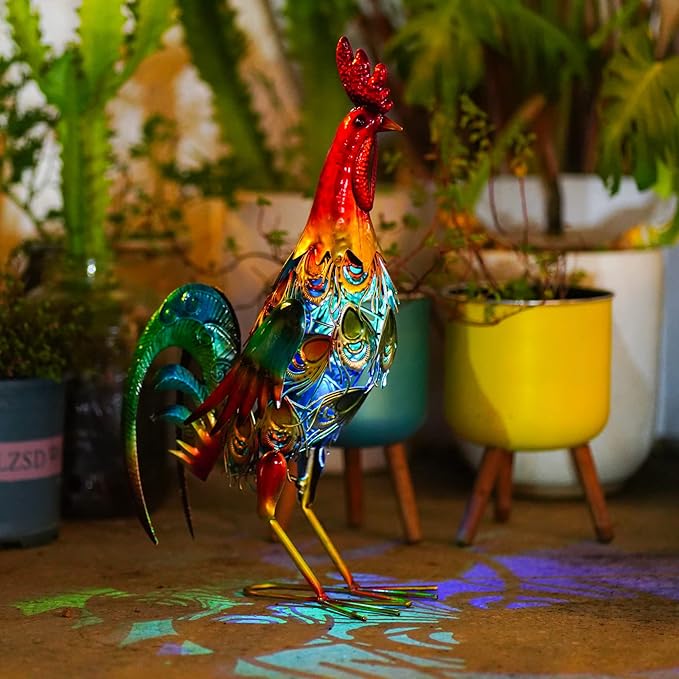 19 Inch Solar Rooster Statue Lights, Metal Yard Art Solar Rooster, Large Rooster Statue Colorful Lights for Garden Lawn Outdoor Decoration Gifts.-VerdiqueGarden