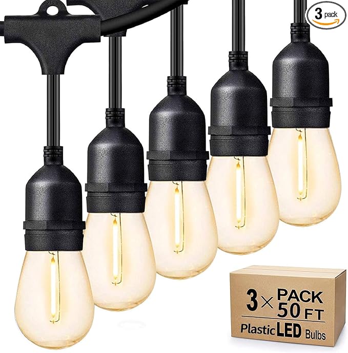 Svater Outdoor String Lights 150FT, E26 Socket, 48pcs S14 Shatterpoof Bulbs, 1 Watt Dimmable 2700K Warm White, IP65 Waterproof Commercial Grade Patio Lights（3 Pack X 50FT）-VerdiqueGarden