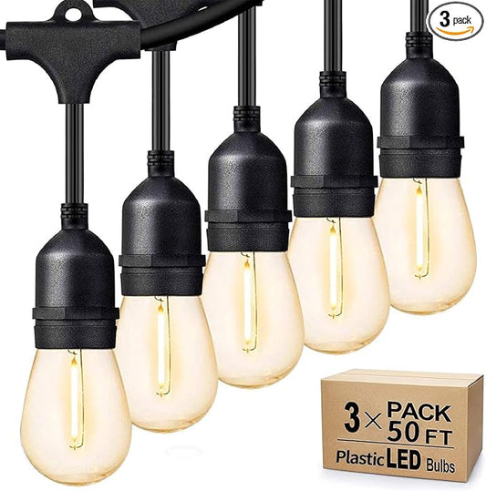 Svater Outdoor String Lights 150FT, E26 Socket, 48pcs S14 Shatterpoof Bulbs, 1 Watt Dimmable 2700K Warm White, IP65 Waterproof Commercial Grade Patio Lights（3 Pack X 50FT）-VerdiqueGarden
