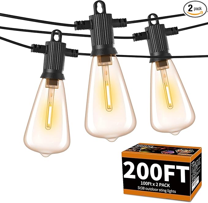 ZOTOYI Outdoor String Lights 200 FT, Waterproof IP65 Patio String Lights for Outside with 104 Shatterproof ST38 Bulbs(4 Spare), LED Hanging Lights for Bistro, Backyard, Garden 2700K(2-Pack 100FT)-VerdiqueGarden
