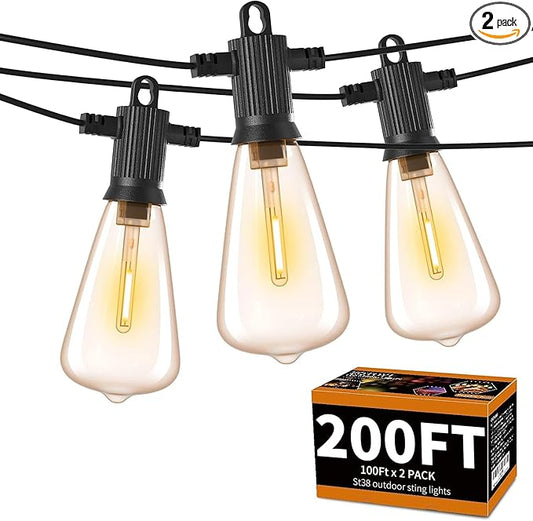 ZOTOYI Outdoor String Lights 200 FT, Waterproof IP65 Patio String Lights for Outside with 104 Shatterproof ST38 Bulbs(4 Spare), LED Hanging Lights for Bistro, Backyard, Garden 2700K(2-Pack 100FT)-VerdiqueGarden