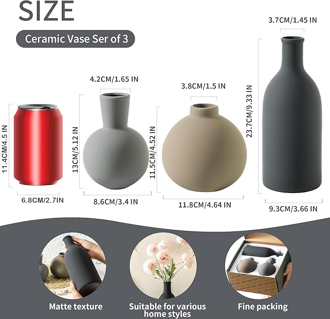 Ceramic Vase Set of 3 | Neutral Vases Home Decor | Modern Flower Pottery Vases Rustic Farmhouse Vase for Table Entryway Mantel Centerpiece Bookshelf Living Room Bathroom Bedroom -Multicolor Large-VerdiqueGarden