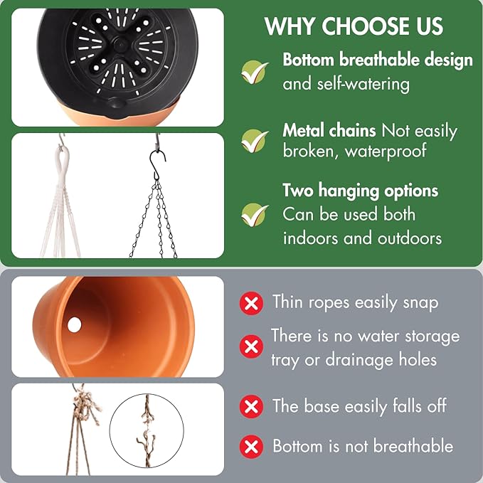 10 Inch Hanging Planters for Indoor Plants,Set of 2 Hanging Pots for Plants with Self-Watering, Outdoor Hanging Plant Pot with Drainage and 2 Kinds of Hanging Baskets Hangers for Home Decor and Garden-VerdiqueGarden