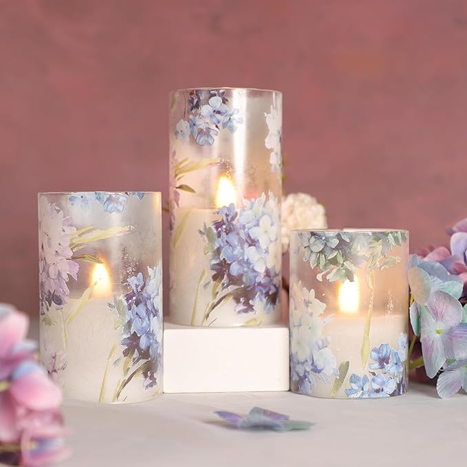 Floral Flameless Candles Decorative Battery Operated with Remote Hydrangea Flowers Romantic Lovers Flickering Pillar Candles for Wedding Tray Centerpiece Home Decor-VerdiqueGarden