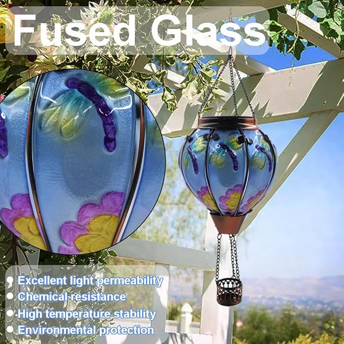 Hot Air Balloon Solar Lantern with Flickering Flame, Glass Hanging Garden Lights Outdoor Waterproof for Tree Yard Patio Mother's Day Gift, 18" H Dragonfly-VerdiqueGarden