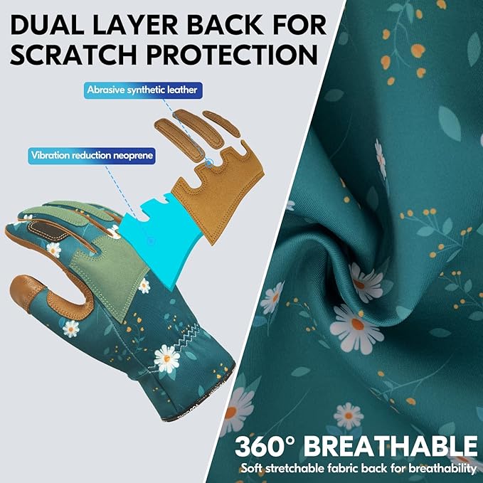 Vgo... 1Pair Gardening Gloves for Women, Goatskin leather Thorn Proof Working Gloves for Weeding, Digging, Raking, Pruning and Planting,Touchscreen(L,Dark Green,GA7471)-VerdiqueGarden