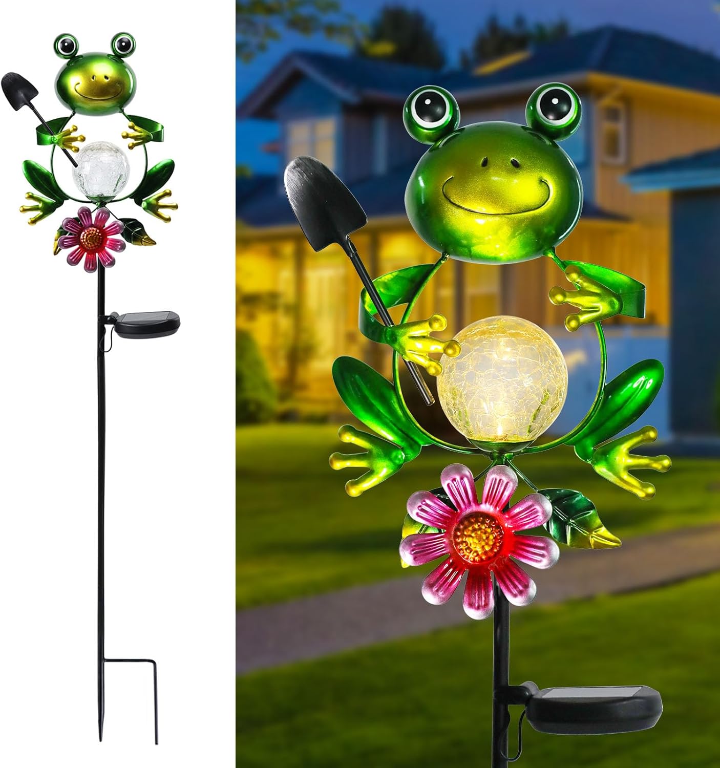 Afirst Solar Lights Outdoor Decorative Metal Frog Crackle Glass Globe Warm White LED Metal Waterproof Garden Stake Lights for Walkway Pathway Lawn Patio Yard Decorations-VerdiqueGarden