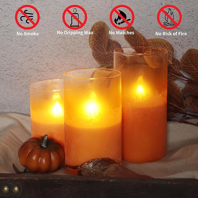 Orange Flameless Candles - Battery Operated Candles with Remote Orange Glass Sandblasted Design Wax Unscented - Centerpieces for Dinner Table Tray House Warming Thanksgiving Gifts-VerdiqueGarden
