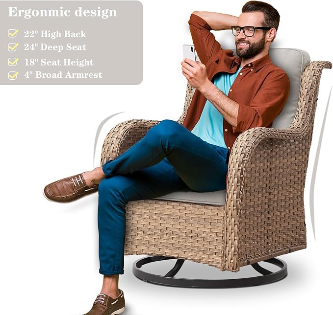 Outdoor Swivel Rocker Patio Chairs - 360 Degree Swivel Glider Seating 350LBS Weight Capacity 3 Piece Wicker Rocking Chairs Set with Side Table for Porch Balcony Deck, Yellow/Beige-VerdiqueGarden