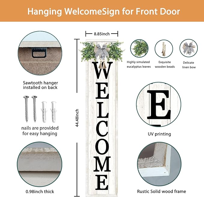 Welcome Sign for Front porch Standing 45"X9"Large Wood Frame Outdoor Tall Welcome Signs Vertical Decor for Farmhouse Rustic Home Modern Outside Front Door Wall Decorations (White)-VerdiqueGarden