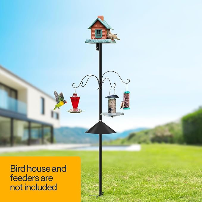 VIVOHOME 92 Inch Bird Feeder Pole with Squirrel Baffle and 4 Hooks, Outdoor Bird House Pole Mount Kit with 5 Prong, Heavy Duty Adjustable Bird Feeder Stand-VerdiqueGarden
