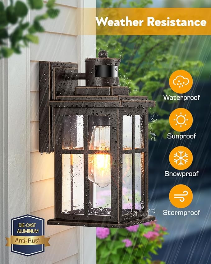 Distance-Adjustable Motion Sensor Outdoor Lights, Oil Rubbed Bronze Wall Mounting Porch Light, Waterproof Dusk to Dawn Exterior Lighting Fixtures Sconce, Anti-Rust Outdoor Lanterns for Porch-VerdiqueGarden