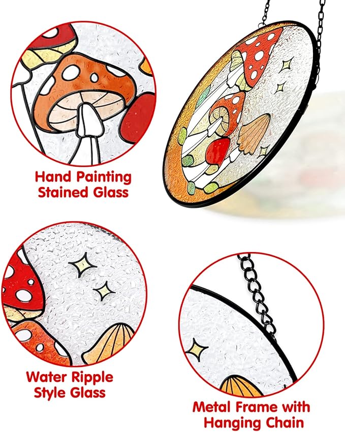 Tuitessine Mushroom Stained Glass Suncatcher Moon Toadstools Window Wall Hanging Ornament Hand-Painted Glass Panel Decor for Home Gift for Nature Plant Mushroom Lovers 6.3"*6.3"-VerdiqueGarden