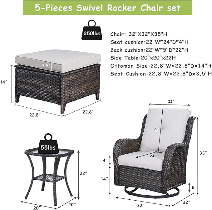Outdoor Wicker Patio Furniture Set - 5 Pieces Rattan Patio Conversation Set with 2 Rocking Swivel Chairs,2 Ottomans and 1 Side Table for Porch Deck Backyard Garden(Brown/Beige)-VerdiqueGarden