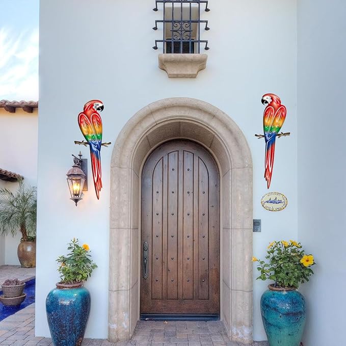 Metal Outdoor Wall Art Decor,3D Colorful Garden Birds Sculpture Outdoor Iron Hanging Parrot Decor, Metal Hand-Made Bird Wall Art Decorations for Fence Patio Balcony Living Room-VerdiqueGarden