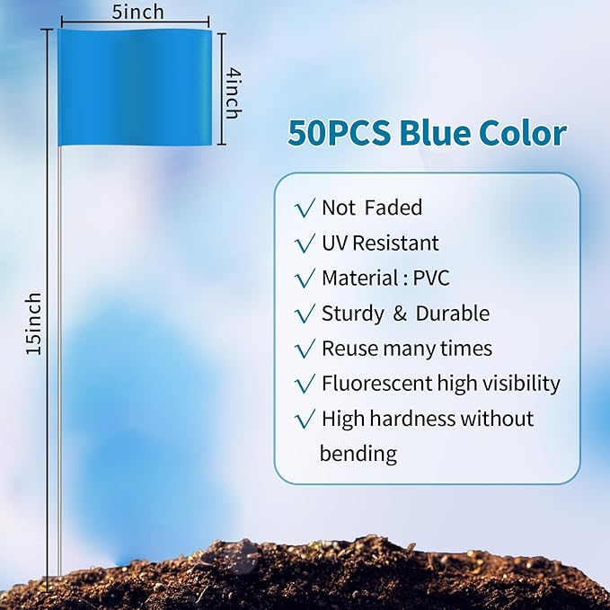 Zozen 50Pack Blue Marking Flags, Writable/15x4x5 Inch, Yard Flags for Lawn & Irrigation & Landscape & Sprinkler & Survey & Dog Training.-VerdiqueGarden