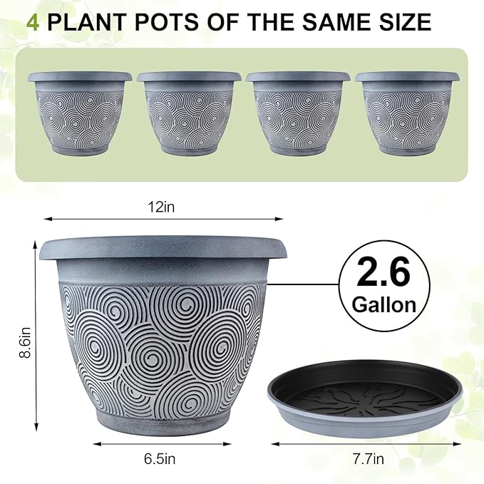 12 Inch Large Planter Pot for Plants Indoor Outdoor, 4 Pack Plastic Flower Pots with Drainage Hole & Tray, Modern Decorative Garden Pot with Saucer, Plant Container for House-VerdiqueGarden