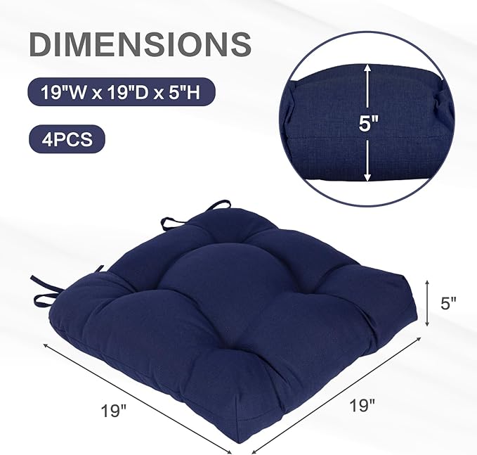 Aoodor 19" x 19" x 5" Tufted Outdoor Chair Cushions, Water Resistant & Fade Resistant Polyester Dining Chair Pads with 2 Straps for Patio Furniture, Set of 4-VerdiqueGarden