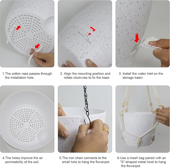 10 inch Self Watering Hanging Planters, 2 Pack Hanging Baskets for Indoor Outdoor Plants, Hanging Flower Pots with Drainage Holes and 2 Kinds of Plant Hangers for Garden Decor, Speckled White-VerdiqueGarden