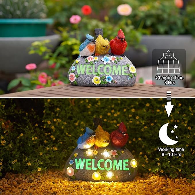 Solar Birds Welcome Sign - Outdoor Bird Decor with Solar LED Lights - Elegant and Charming Figurines for Women, Moms & Garden Enthusiasts-VerdiqueGarden