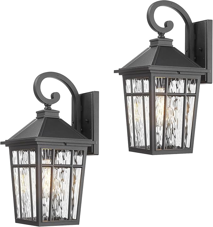 Outdoor Light Fixture 14 Inch Height Outside Wall Lights Black Finish and Water Ripple Glass Exterior Lights for House Garage Porch and Garden E26 Socket 2-Pack-VerdiqueGarden