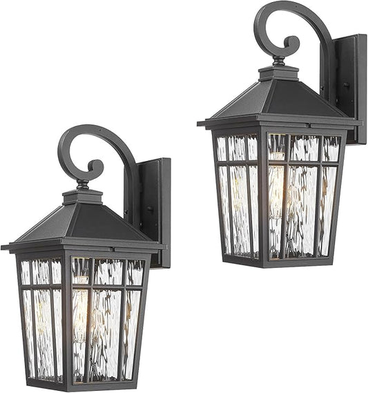 Outdoor Light Fixture 14 Inch Height Outside Wall Lights Black Finish and Water Ripple Glass Exterior Lights for House Garage Porch and Garden E26 Socket 2-Pack-VerdiqueGarden
