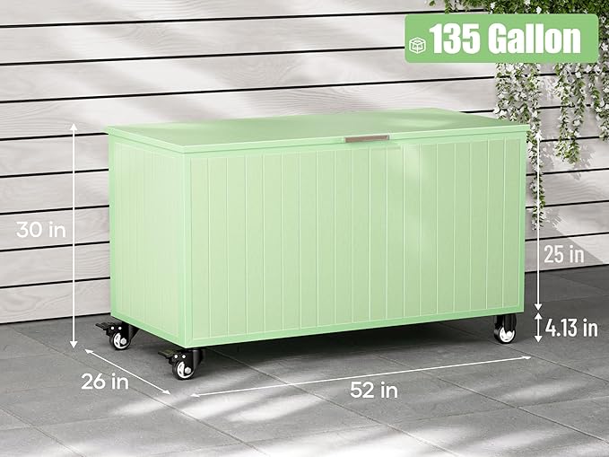 135 Gallon Outdoor Storage Box with Swivel Wheels, Waterproof Aluminum & Polylumber Deck Box, Patio Storage Box with Lid for Patio Furniture, Garden Tools, Outdoor Cushion-VerdiqueGarden