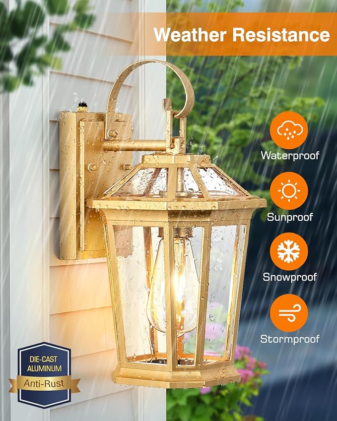 VIANIS Outdoor Porch Lights Wall Mount, Dusk to Dawn Exterior Light Fixture for House, 100% Anti-Rust Aluminum Waterproof Porch Light Outside Wall Lights, Gold Wall Sconce Lanterns for Garage-VerdiqueGarden