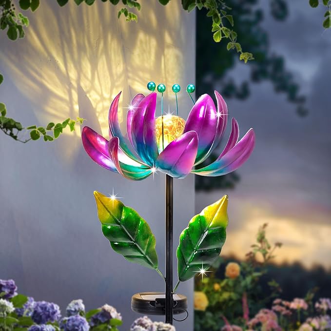 Solar Purple Metal Flower Wind Spinners, Colorful Spinning Windmill Lotus Yard Art Lights Wind Pinwheels with LED Crystal Ball Decorative Stake Lighting Flower Sculpture-VerdiqueGarden