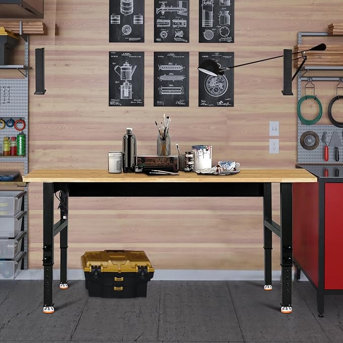48" Adjustable Work Bench, Rubber Wood Top Workbench Heavy-Duty Work Table with Power Outlet, 2000 LBS Load Capacity Hardwood Work Benches for Garage, Workshop, Home, Office, Easy Assembly-VerdiqueGarden