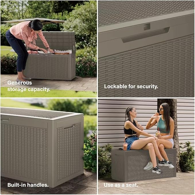 180 Gallon Resin Deck Box, Waterproof Outdoor Storage Bin for Patio Furniture, Pool Accessories, and Garden Tools, Lockable & UV-Resistant, Grey-VerdiqueGarden