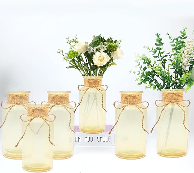 Vintage Glass Flower Vase，6 Pack Gold Amber Farmhouse Glass Centerpiece Vases Mason Jars for Weddings, Parties & Home Decor Bulk (6, Gold)-VerdiqueGarden