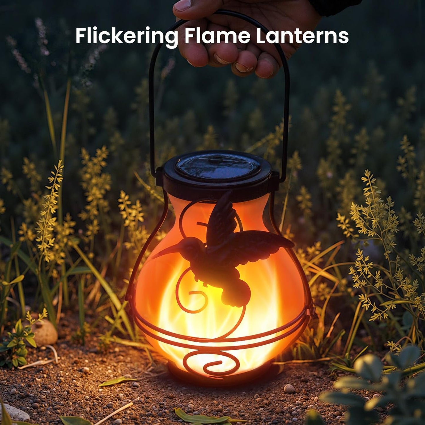 2 Pack Solar Lanterns Outdoor Waterproof Flickering Flame Lights Hummingbird Metal Hanging Solar Lantern Patio Porch Garden Decoration-VerdiqueGarden