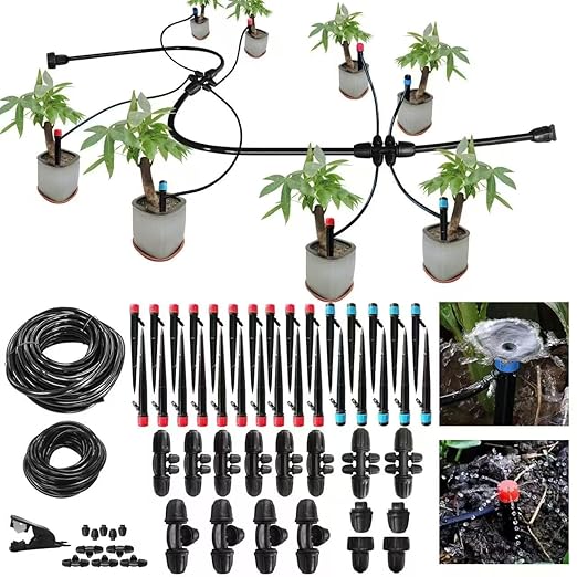Drip Irrigation System Kit,100FT Adjustable Drip Watering Plant System with 5/16" and 1/4" Irrigation Tubing Hose,Drip Emitters,Lock Barbed Tee Fittings for Garden and Raised Beds,Greenhouse,Yard,Lawn-VerdiqueGarden
