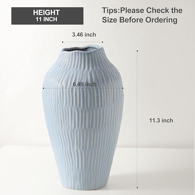 Ceramic Vase for Home Decor,11.6 Inch Flower Vases，Decorative Blue Vase for Pampas Grass，Modern Art Texture Vases for Home Entryway Living Room Dining Table Farmhouse Office Decor-Mat Blue-VerdiqueGarden